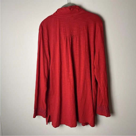 J. Jill Shirt Size XL Tunic Top Embroidered Long Sleeves Red Side Slits Cotton - Picture 6 of 7